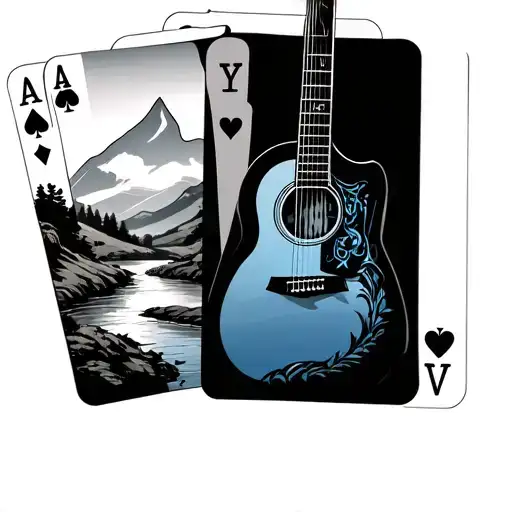 three playing cards, the first card has a river with a hill country background, the middle card has a guitar with a blue tattoo design idea