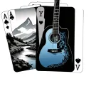 three playing cards, the first card has a river with a hill country background, the middle card has a guitar with a blue tattoo design idea