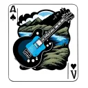 three playing cards, the first card has a river with a hill country background, the middle card has a guitar with a blue tattoo design idea