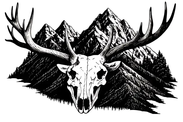 elk skull mountain tattoo design idea