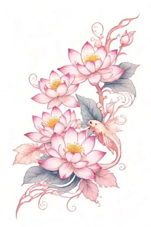 clean lines, waves, and nature. Include lotus cherry blossoms mountains koi fish tattoo design idea