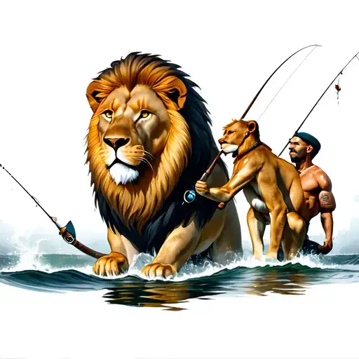 A realistic lion and father and son fishing tattoo design idea