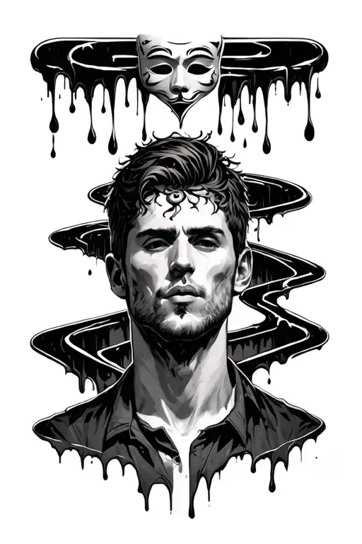 A man (e.g. a male figure in a realistic style) is in a labyrinth. Above him, a mask is melting — a symbol of the false tattoo design idea