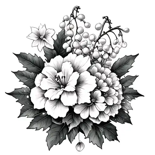 ash leaves, hydrangeas, lily of the valley, marigolds, holly plant, and daffodils  tattoo design idea