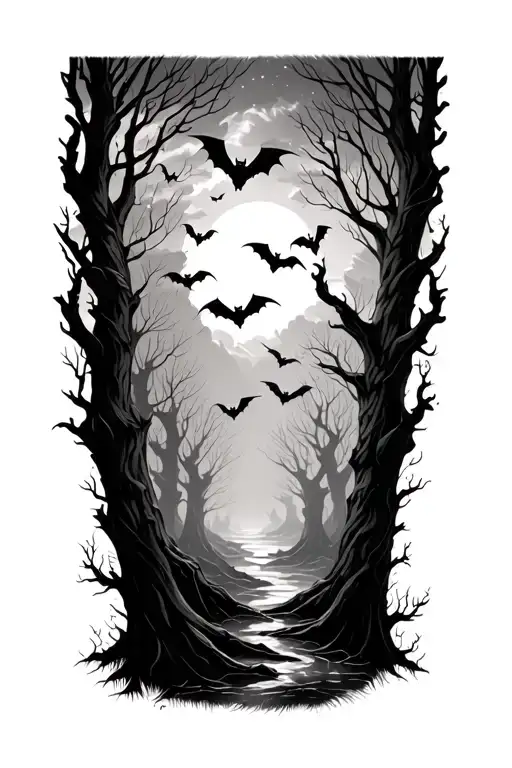 haunted forest sleeve with bats flying across tattoo design idea