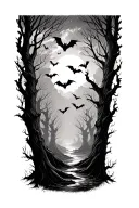 haunted forest sleeve with bats flying across tattoo design idea