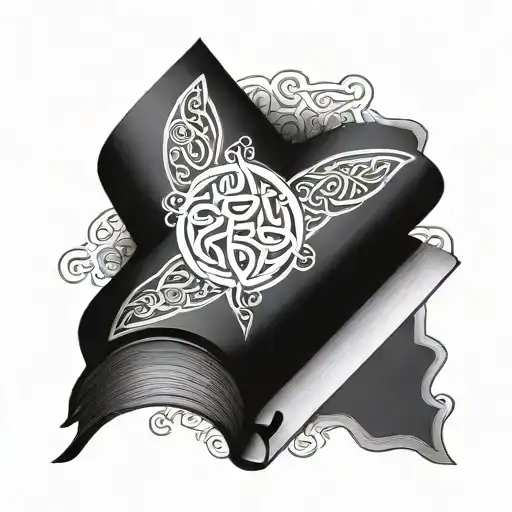 An open book with Celtic knotwork borders and the triskel Celta symbol as the centerpiece tattoo design idea
