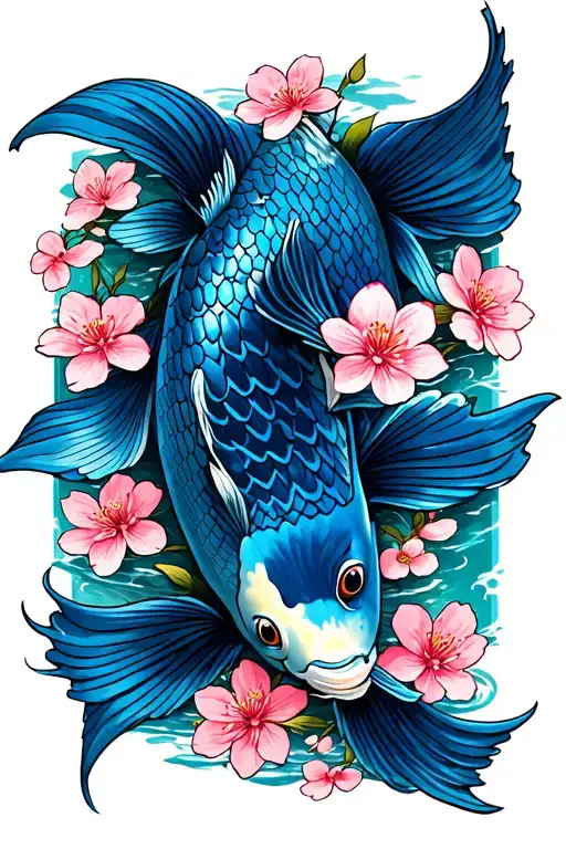 blue koi fish with pink cherry blossoms tattoo design idea