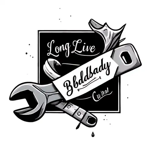 Make a sharp bloody wrench with fortune cookie tags wrapped around it saying Long Live Baldy In Cursive text tattoo design idea