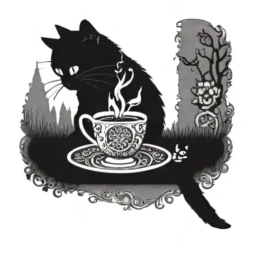 cat with a cup of tea celtic mandala siluette tattoo design idea