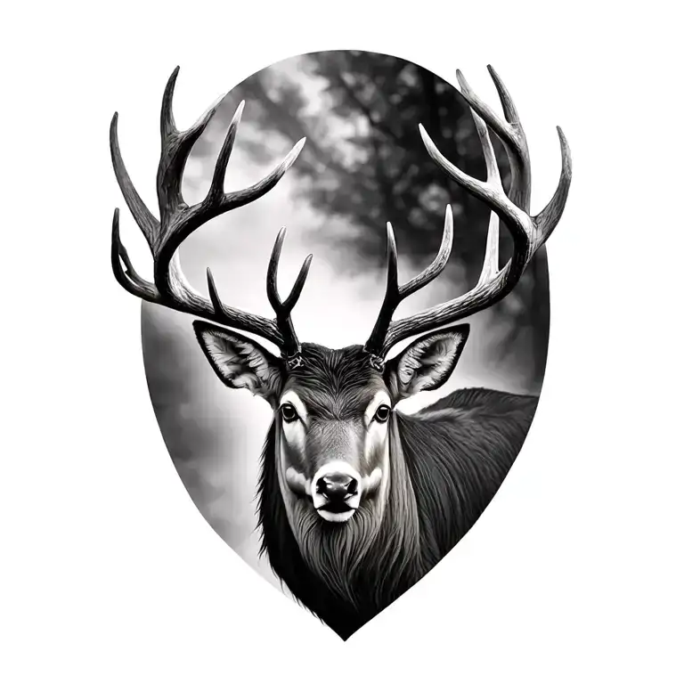A detailed portrait of a majestic stag with antlers, symbolizing the client's passion for deer hunting tattoo design idea