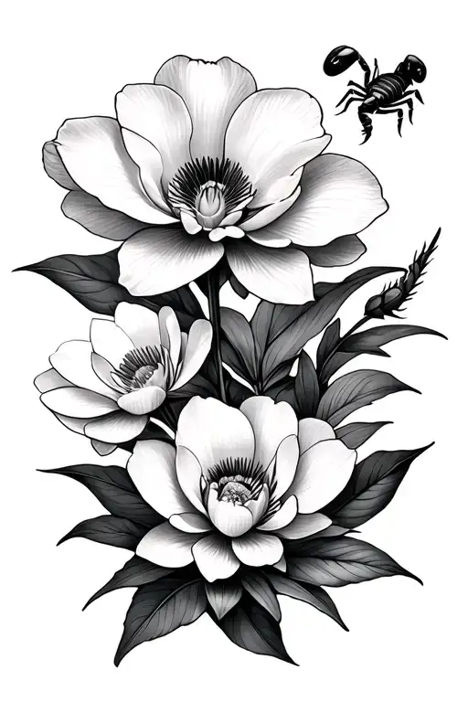 carnation, orchid, water lily and small scorpion tattoo design idea