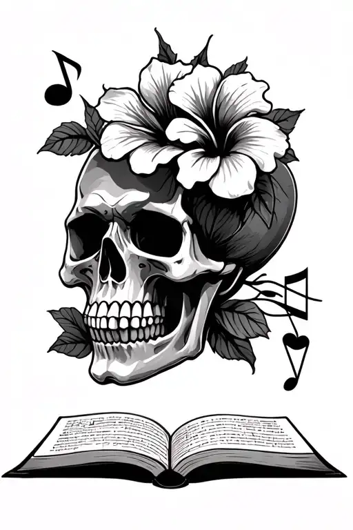 skull, hibiscus flower, music notes, ace of spade, open book tattoo design idea