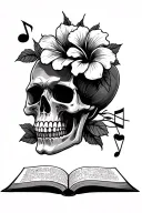 skull, hibiscus flower, music notes, ace of spade, open book tattoo design idea