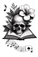 skull, hibiscus flower, music notes, ace of spade, open book tattoo design idea