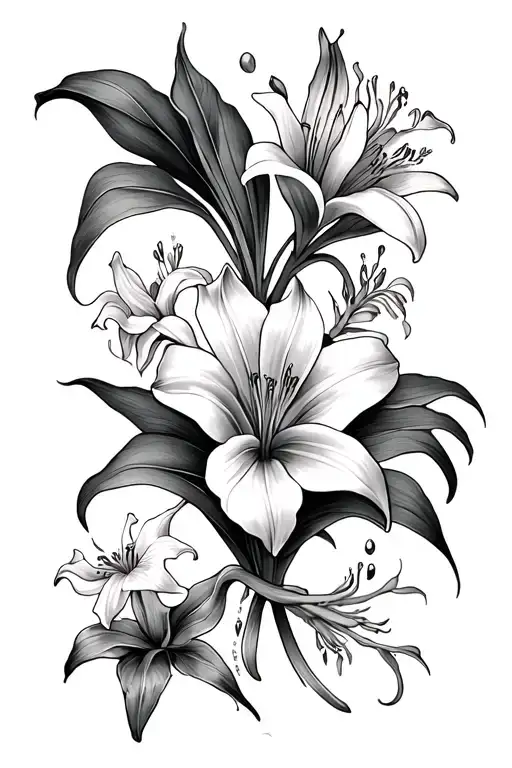thigh tattoo with magic lilies, moon lilies, orange ditch lilies, snap dragons, string of tears, lambs-ears, & daffodils tattoo design idea
