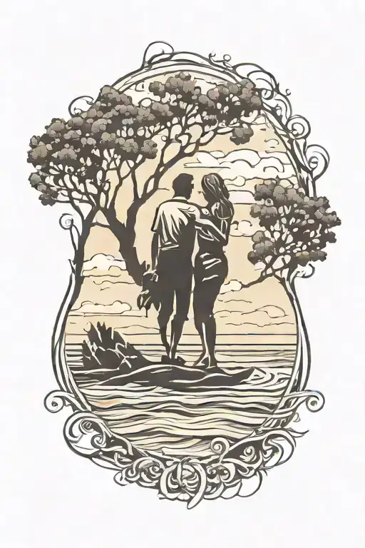 family silhouette on beach tattoo design idea