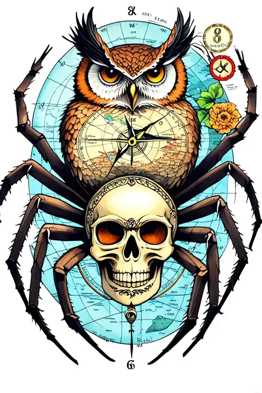 spider, owl, mexican skull, clock, map, compass tattoo design idea