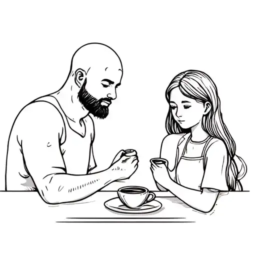 coffee. cafe. A man with a beard without hair on her head and a young girl with long hair is nearby. passion tattoo design idea
