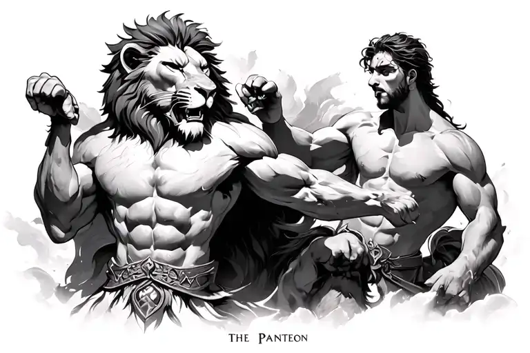 the pantheon background, lion, dynamic fight scene tattoo design idea