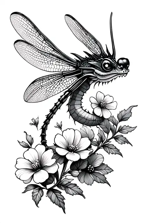 A dainty dragon fly with some small flowers tattoo design idea