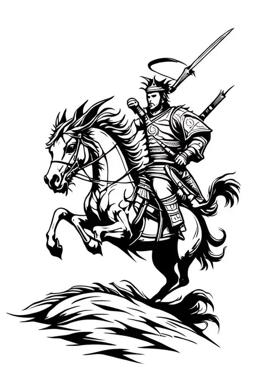 Turkish Warrior kills dragon on horseback tattoo design idea