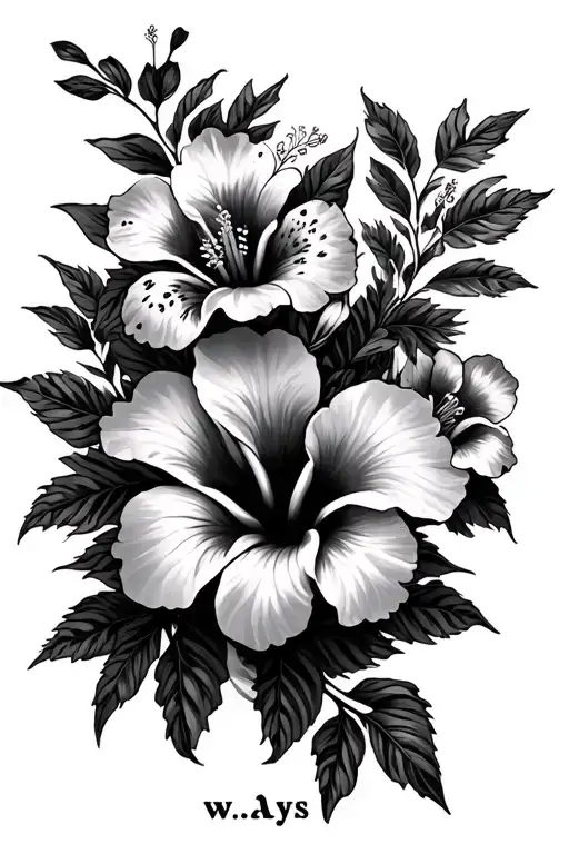 hibiscus flowers with cheetah print and letters w.a.y.s tattoo design idea