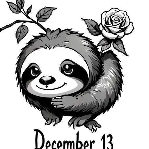 cute sloth holding a rose with December 13 written below tattoo design idea