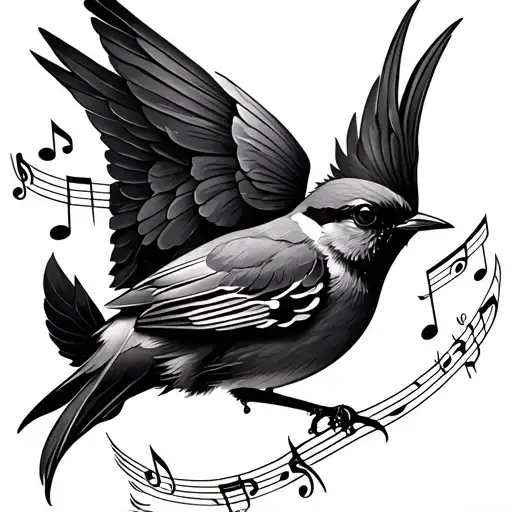 A songbird tattoo with musicnotes that sings on the back of the shoulder. tattoo design idea
