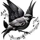 A songbird tattoo with musicnotes that sings on the back of the shoulder. tattoo design idea