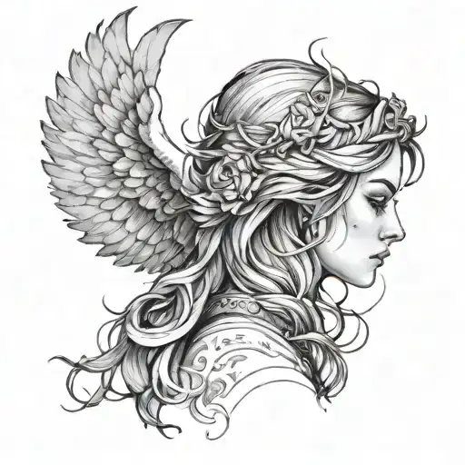 outline female angel face side profile staring at female devil watercolor tattoo design idea