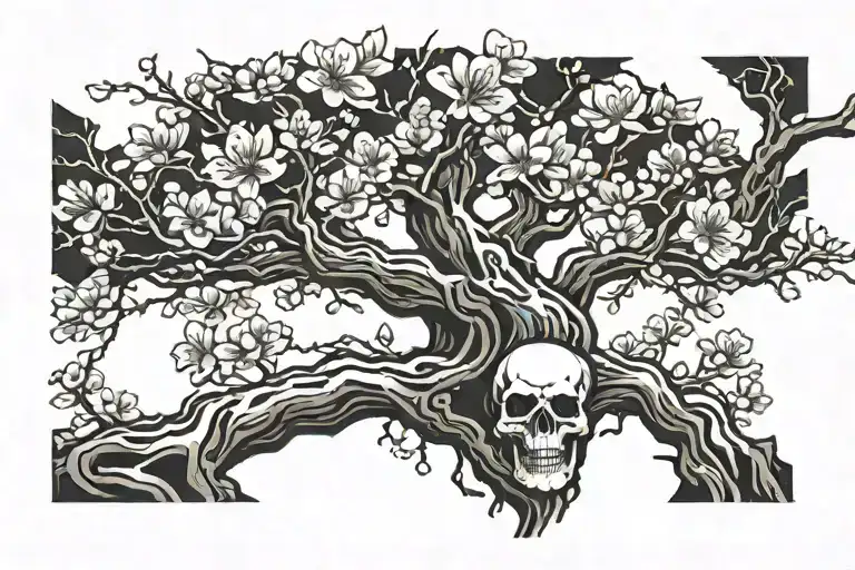 cherry blossom tree with skulls hidden in trunk tattoo design idea