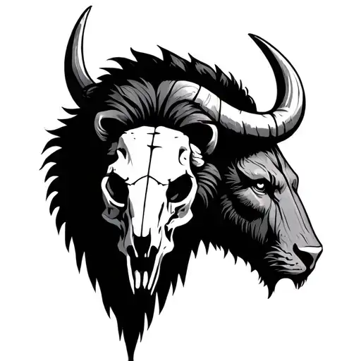 Wooden totem including a lion a bison skull tattoo design idea