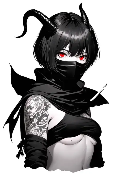 Anime, ninja mask girl, gotic style, short hair with bangs, red eyes and horns tattoo design idea
