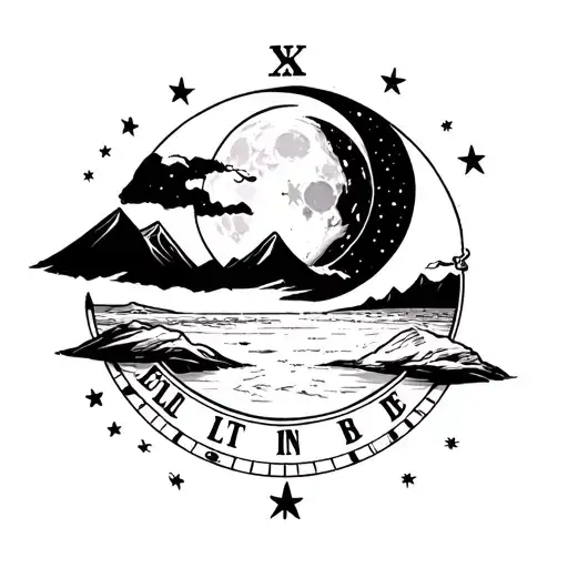 moon or a planet inside a time dial, words let it be, beach, mountain, lost in thought man,minimalist tattoo, stars tattoo design idea