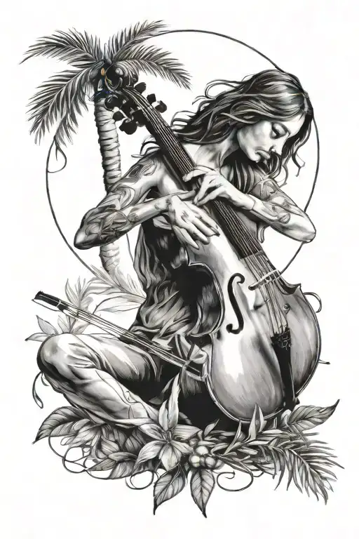 young woman playing a cello with olive branch and palm tree tattoo design idea