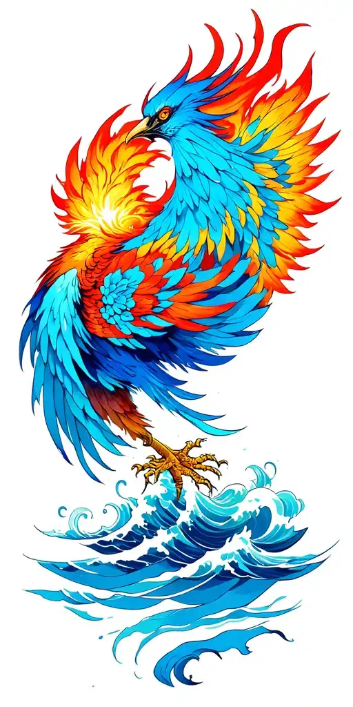 Japanese style phoenix, bright and fiery. Incorporate blue water, waves, with shading tattoo design idea