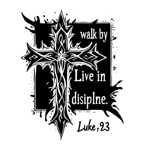 bold Latin tribal cross with bible scripture Luke 9:23 "walk by faith Live in discipline" no background tattoo design idea