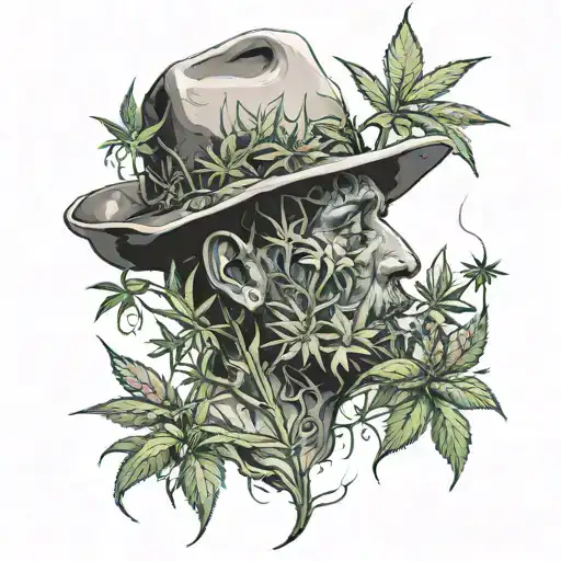 A surrealistic scene of a person peacefully smoking weed in a field of blooming cannabis plants tattoo design idea