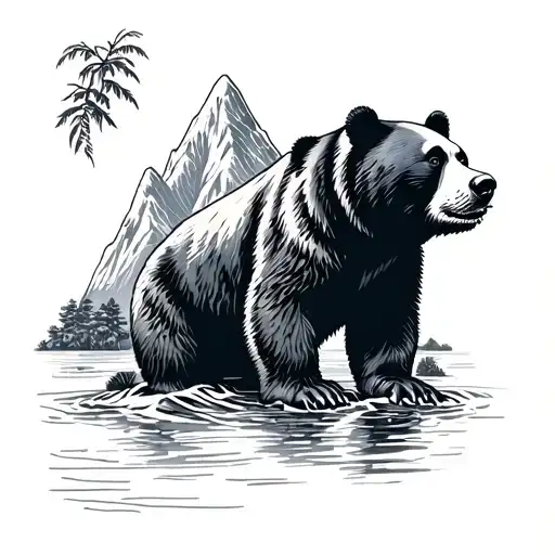 Borneo sun bear and mountain outline fine line tattoo tattoo design idea