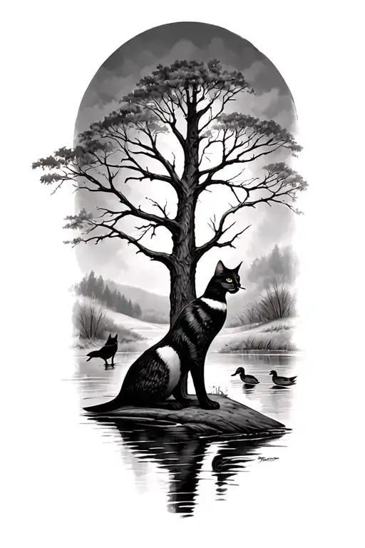 cottonwood tree, cat tales and duck hunting scene tattoo design idea