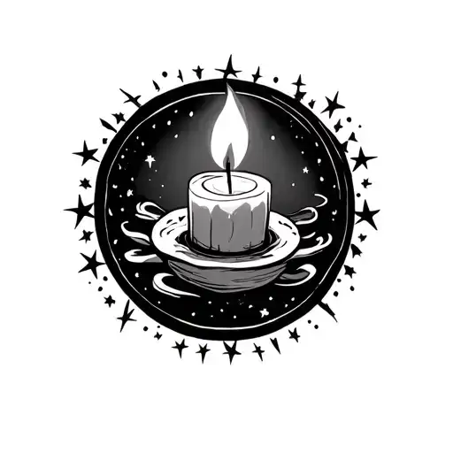 A small candle with a flickering flame, surrounded by a circle of stars. tattoo design idea