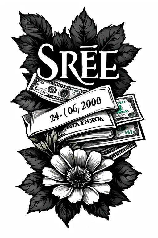  tattoo with following elements, word SREE,a small flower,bank and money,24/06/2000 in roman letters connect them tattoo design idea