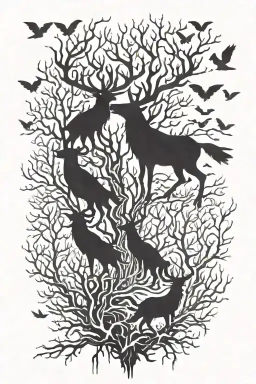 wendigo  in the forest with flying flock of crows tattoo design idea