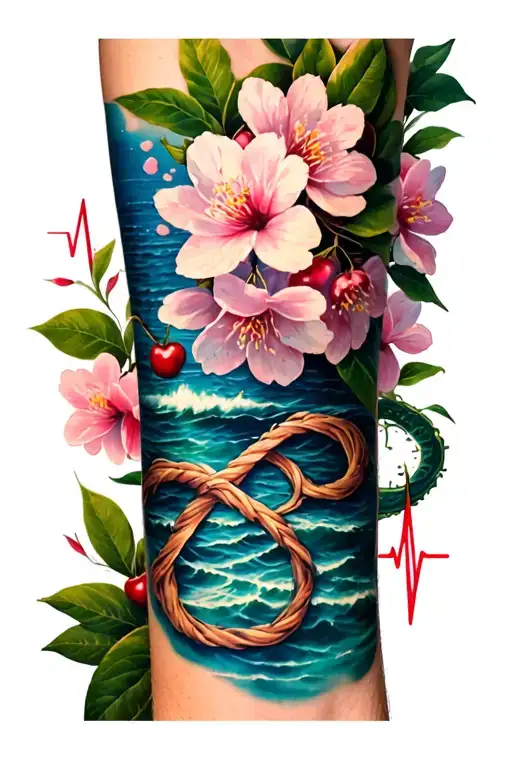 cherry Blossom beaches wrapped around forearm with woven infinity sign with heart beat  tattoo design idea