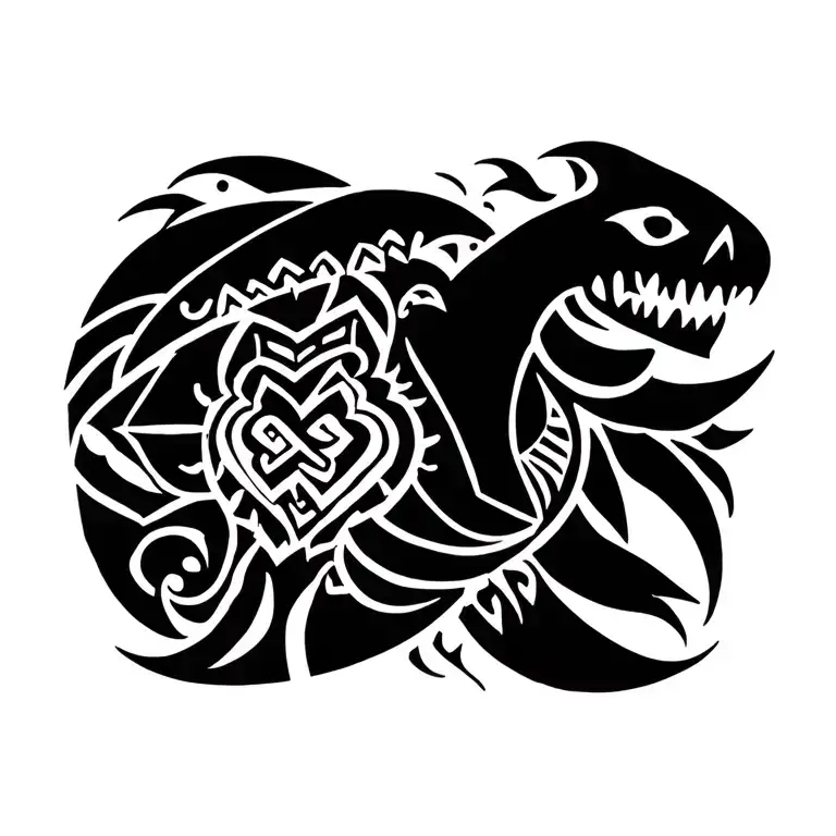 A unique combination of Enata, Tiki, Shark tooth, and Turtle elements in a Polynesian tribal design tattoo design idea
