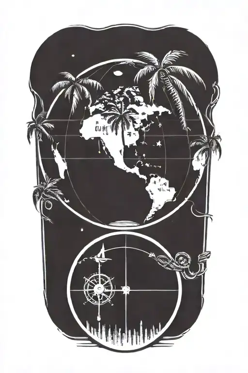 A palm tree silhouette on a globe, with a compass pointing towards Miami, symbolizing the traveler's love for exploring new places tattoo design idea