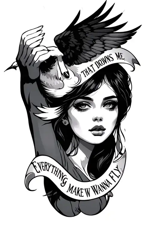 Create tattoo with the writing “Everything That Drowns Me Make Wanna Fly” on a female arm above the BR style elbow tattoo design idea