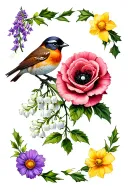 Carnation, violet, daffodil, daisy, lily of the valley, Rose, larkspur, poppy, aster, holly with a sparrow tattoo design idea
