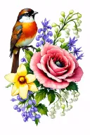 Carnation, violet, daffodil, daisy, lily of the valley, Rose, larkspur, poppy, aster, holly with a sparrow tattoo design idea